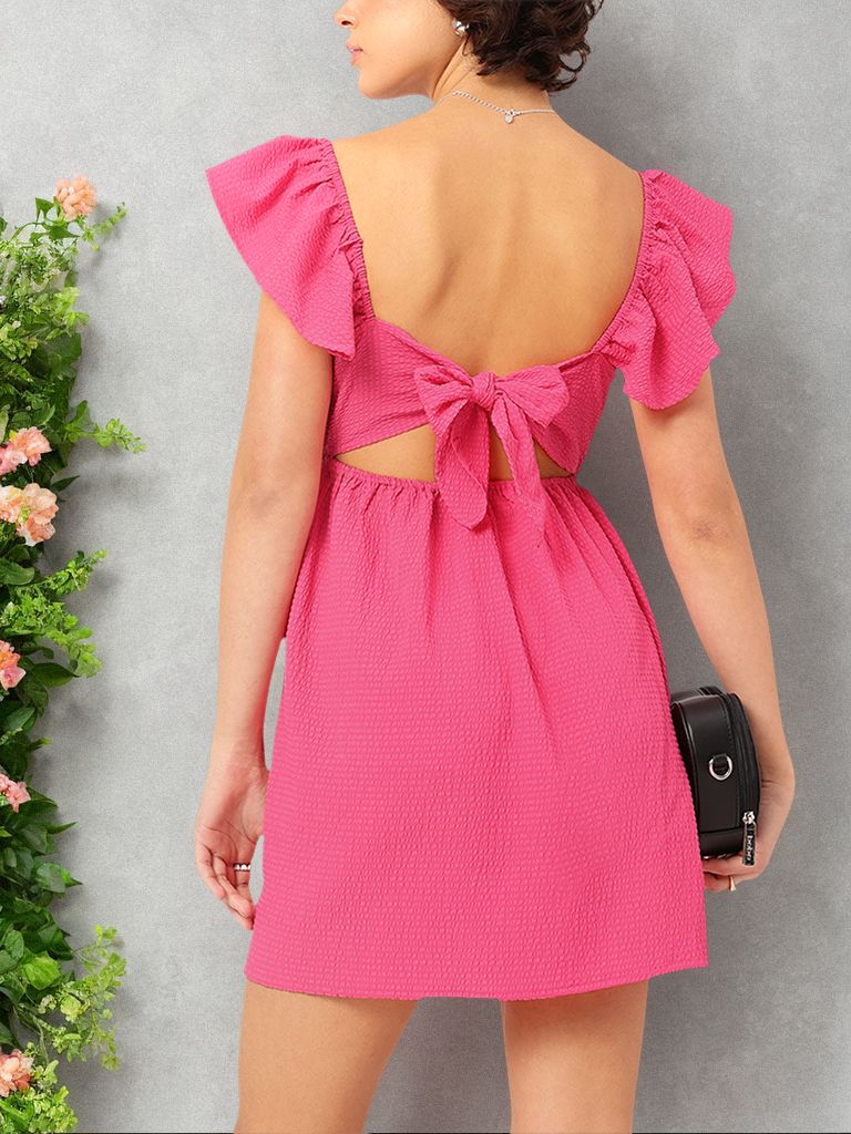 DressBerry BarbieCore Chic Seersucker Cut Out Detail Mini Dress