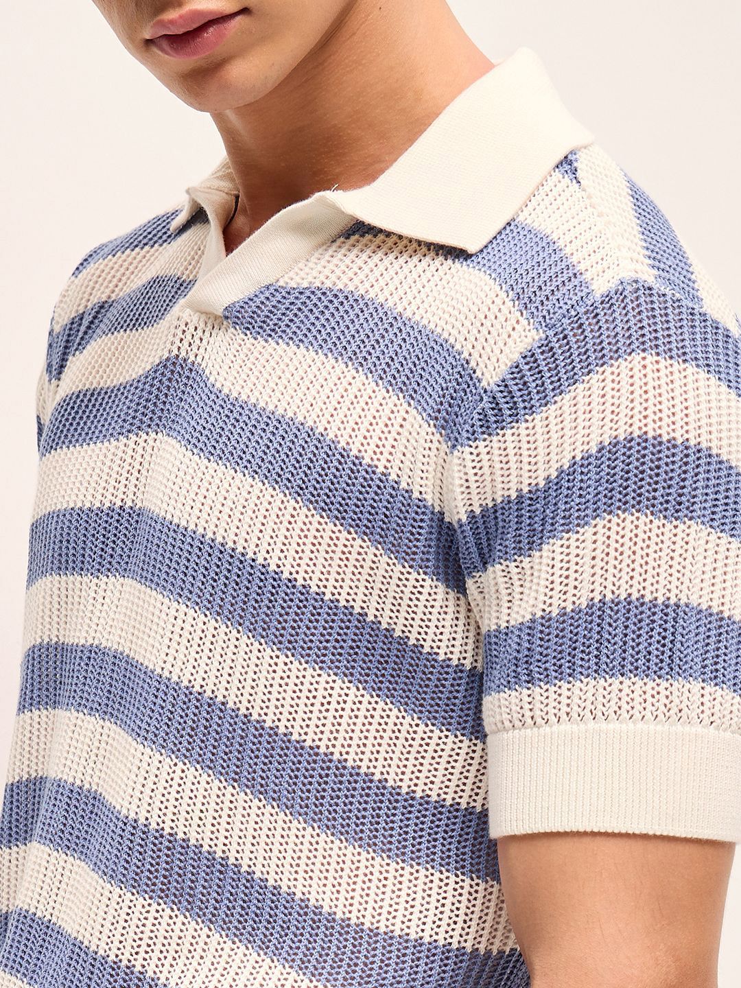 THE BEAR HOUSE Self Design Striped Relaxed Fit Polo Collar T-Shirt
