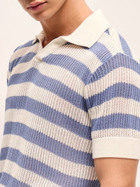 THE BEAR HOUSE Self Design Striped Relaxed Fit Polo Collar T-Shirt