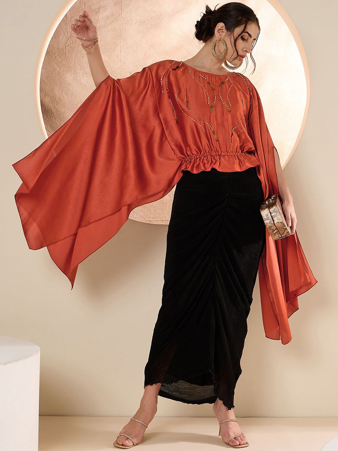 Antheaa Rust Embellished Top With Skirt