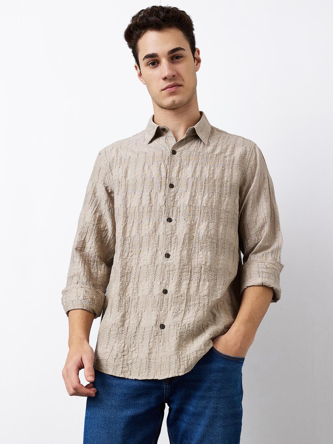 SPYKAR Men Spread Collar Textured Cotton Casual Shirt