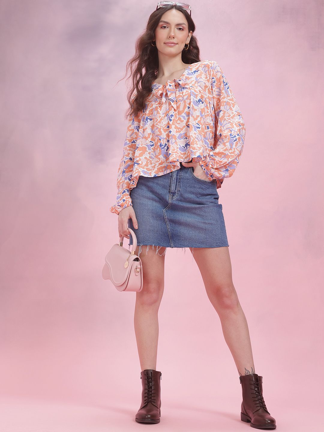 DressBerry Printed Tie-Up Neck Puff Sleeve Top