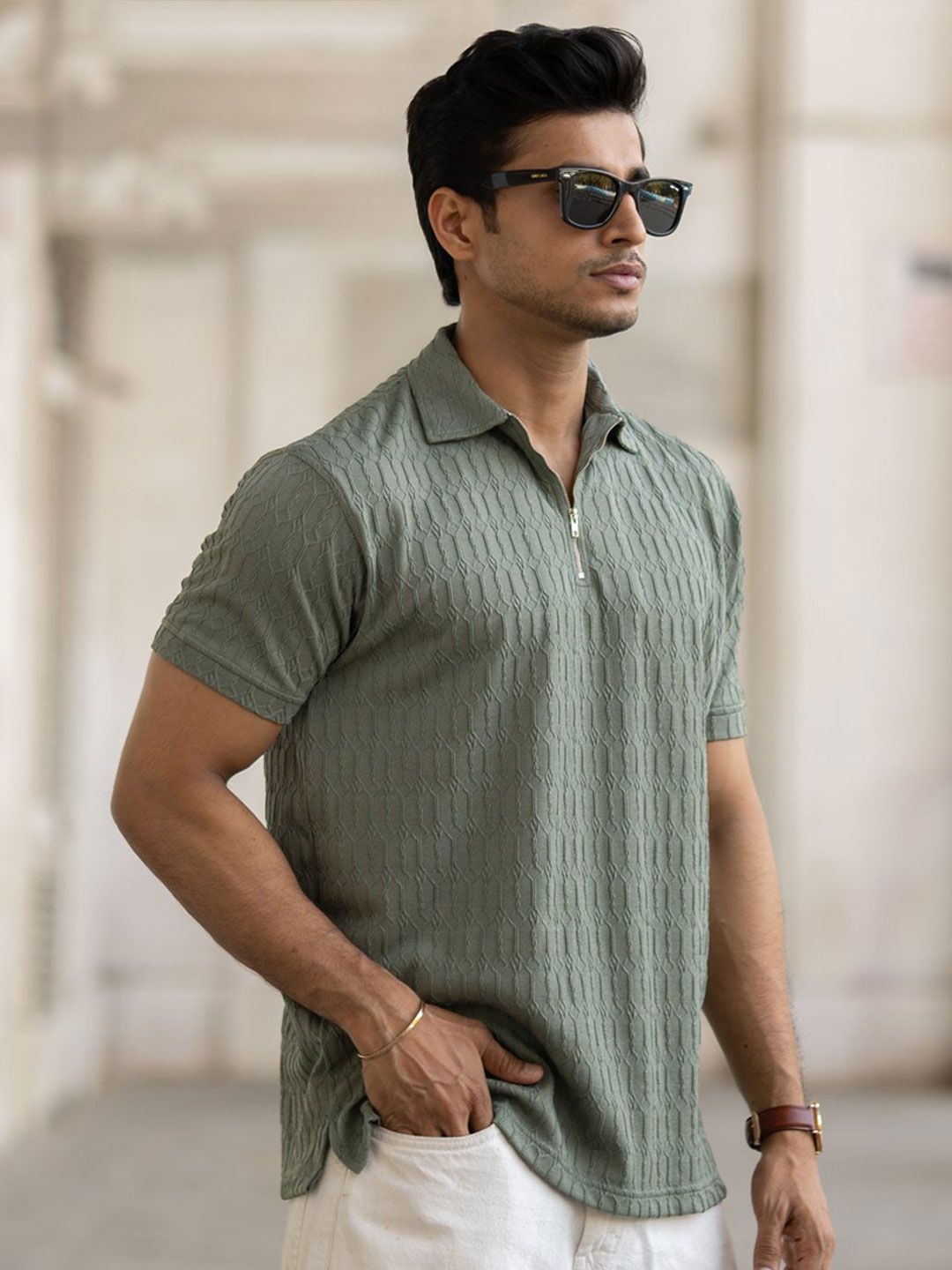 Powerlook Men Self Design Polo Collar Cotton T-shirt