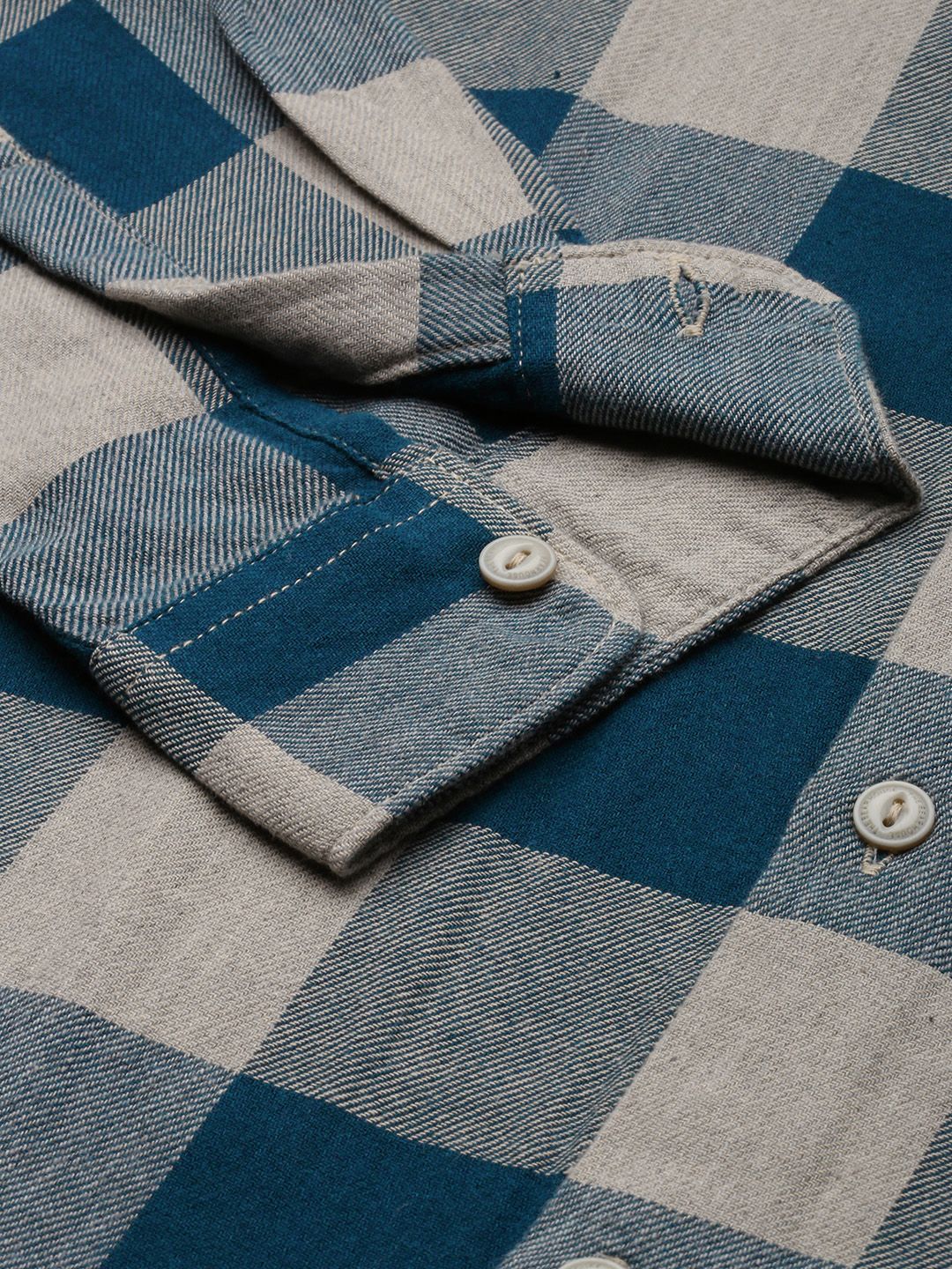 THE BEAR HOUSE Men Teal Blue Pure Cotton Checked Slim Fit Flannel Shirt