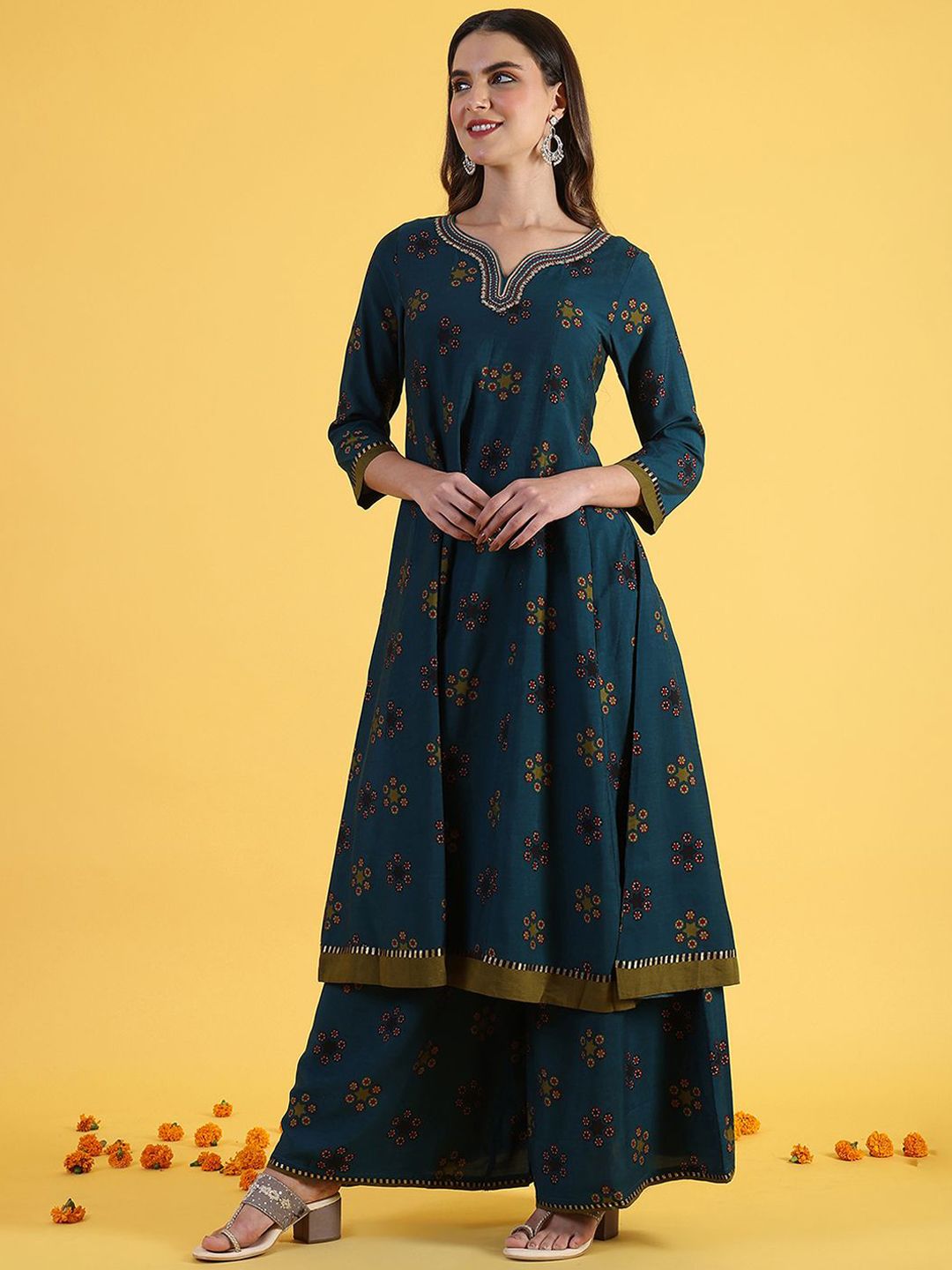 W Blue Ethnic Motifs Printed Notch Neck A-Line Kurta With Palazzos And Dupatta