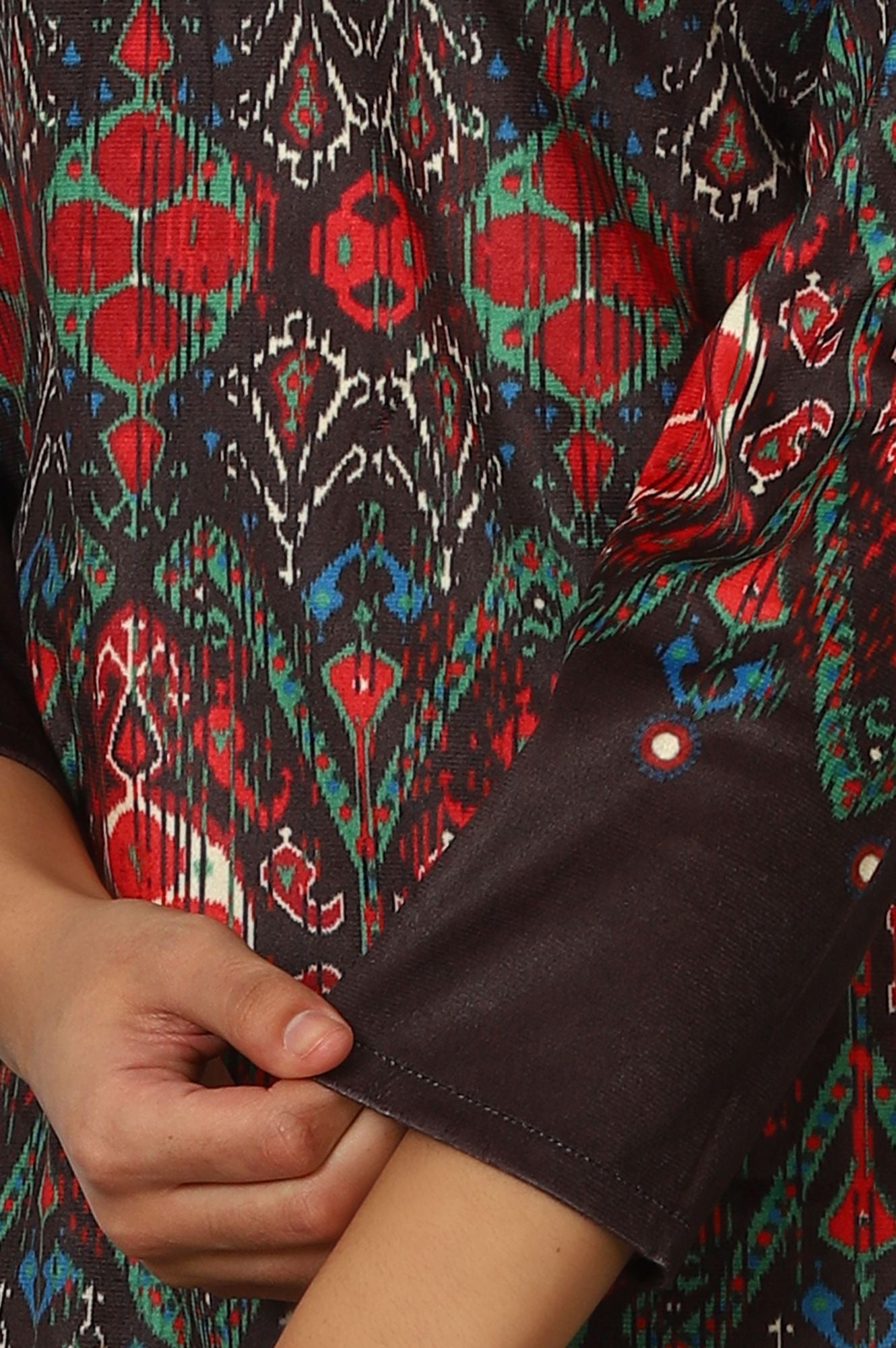 W Ethnic Motifs Printed Mirror Work Keyhole Neck A-Line Kurta