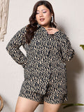 Berrylush Curve Black Plus Size Abstract Printed Longline Shirt With Mini Shorts