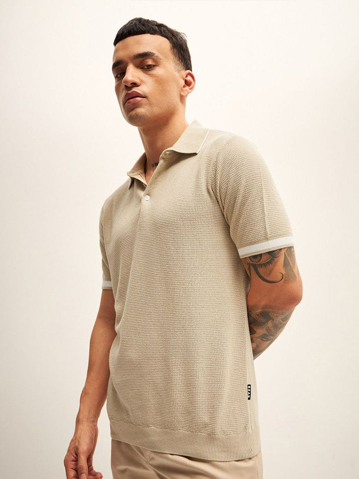 THE BEAR HOUSE Men Solid Polo Collar Cotton T-shirt