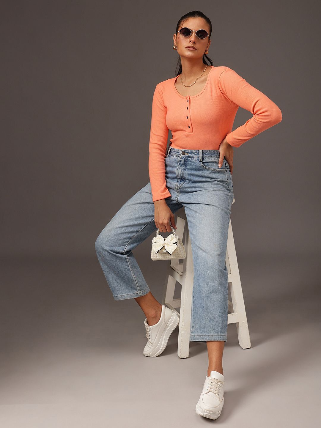 STREET 9 Round Neck Ribbed Cotton Top