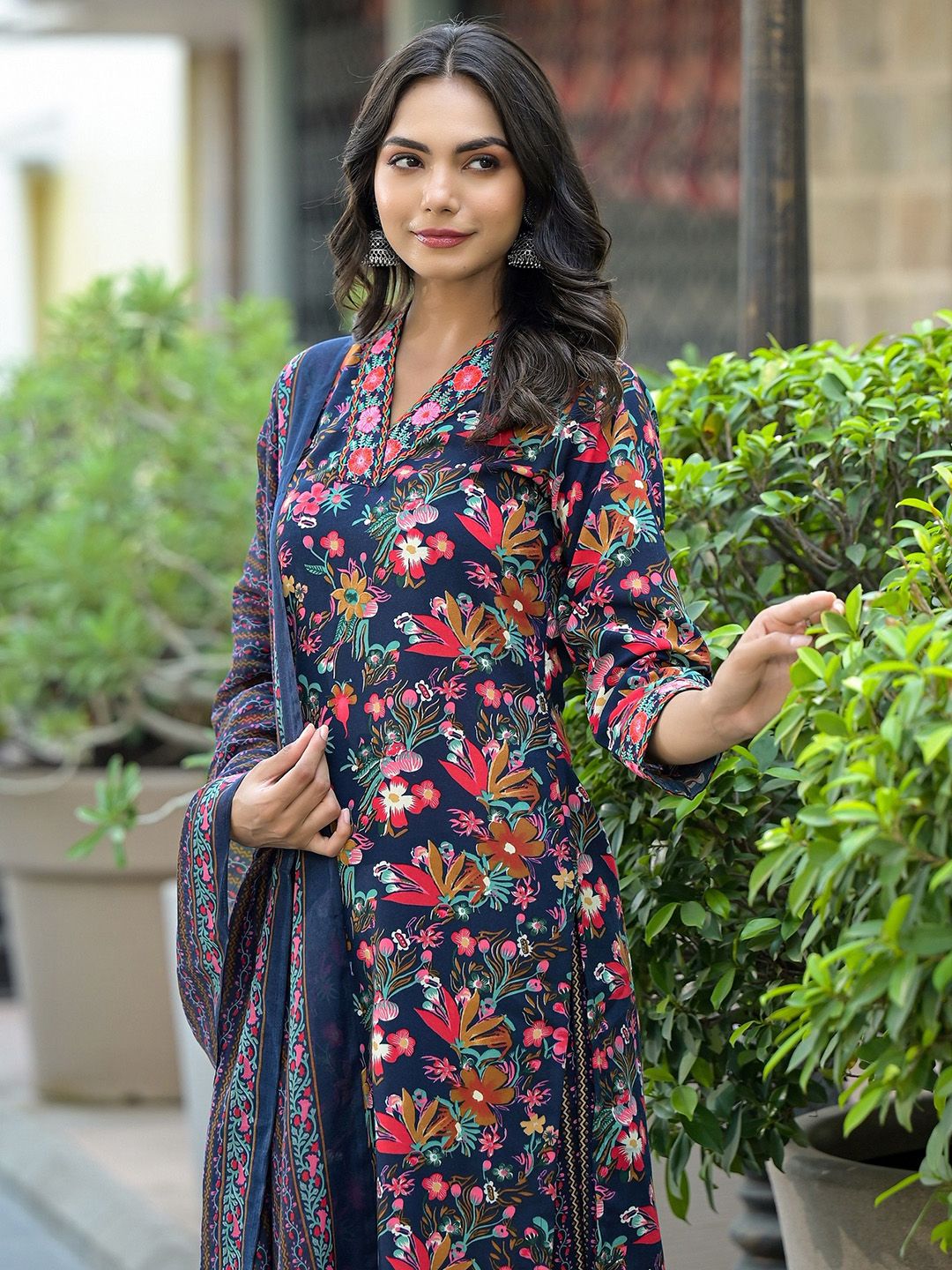 KALINI Floral Printed Thread Work Straight Kurta With Trousers & Dupatta