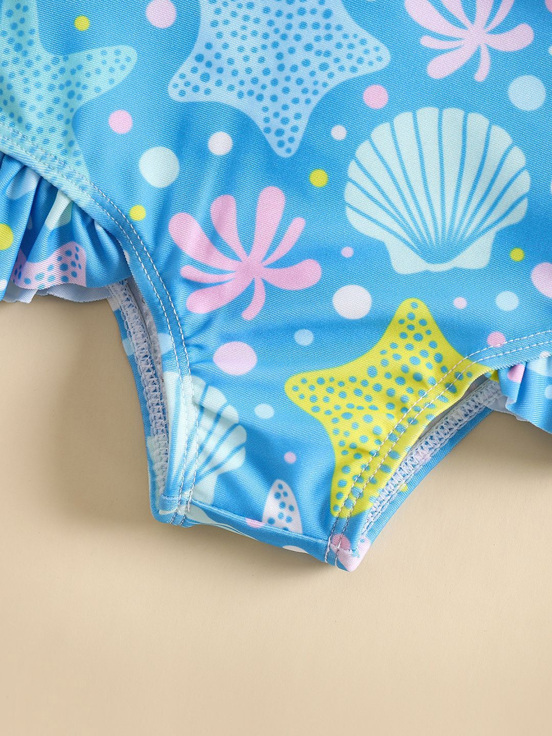 YK Girls Printed Round Neck Swimwear Bodysuit