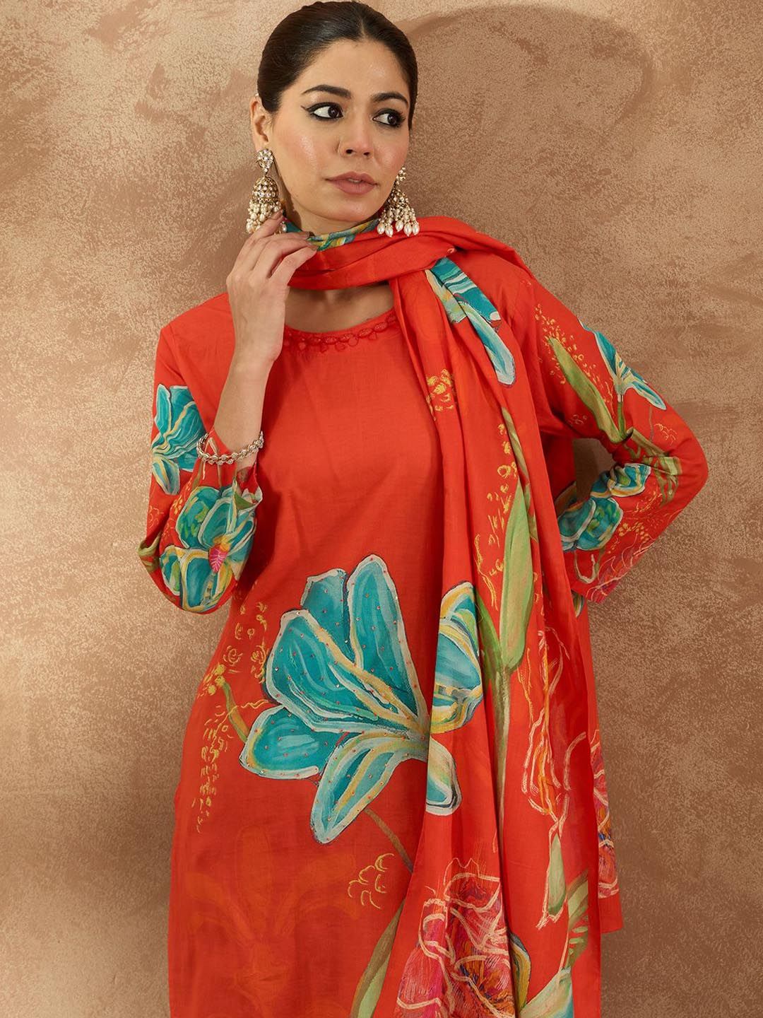 Indo Era Women Floral Printed Regular Pure Cotton Kurta with Trousers & Dupatta