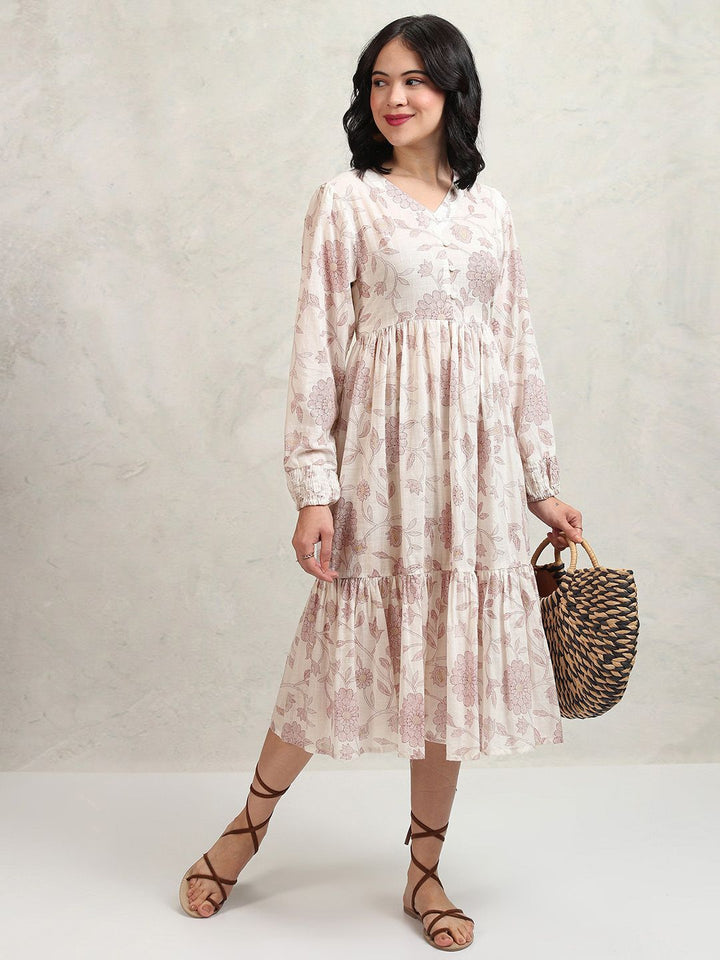 Vishudh Floral Printed Puff Sleeves Fit and Flare Midi Dress