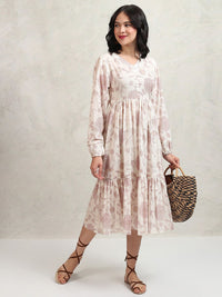 Vishudh Floral Printed Puff Sleeves Fit and Flare Midi Dress