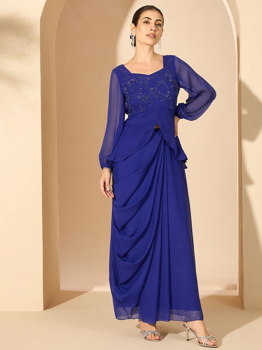 Antheaa Blue Embellished Square Neck Top & Skirt