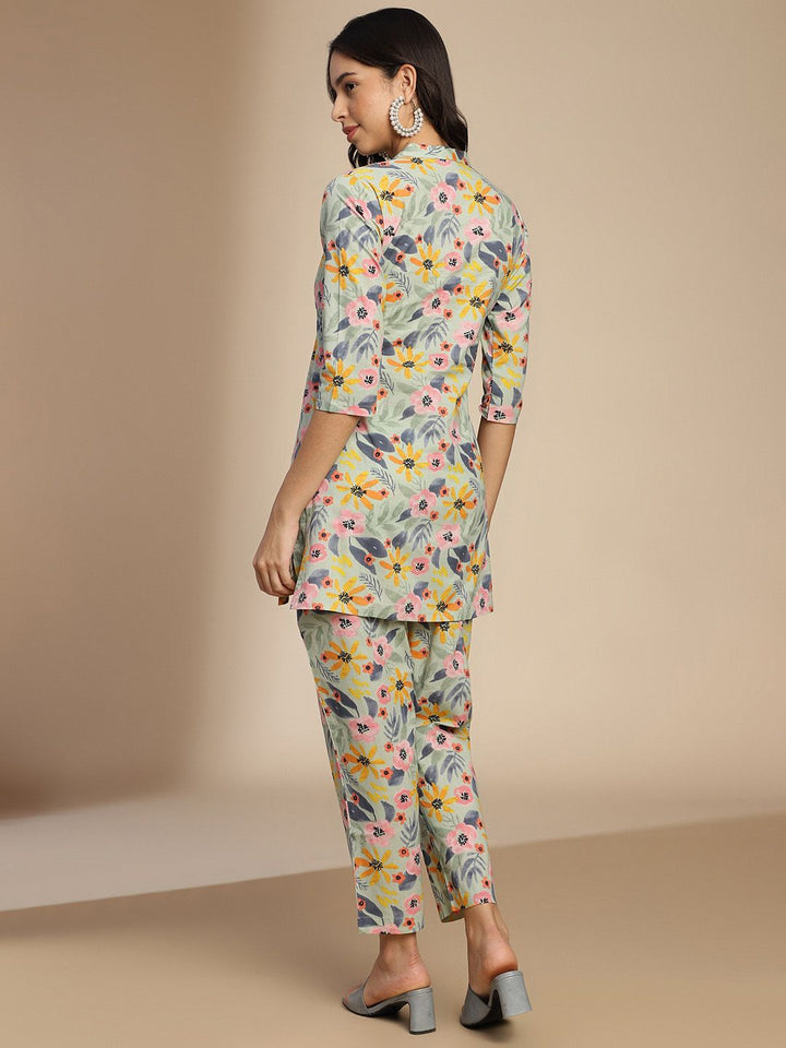 KALINI Floral Printed Pure Cotton Top With Trousers Co-Ords