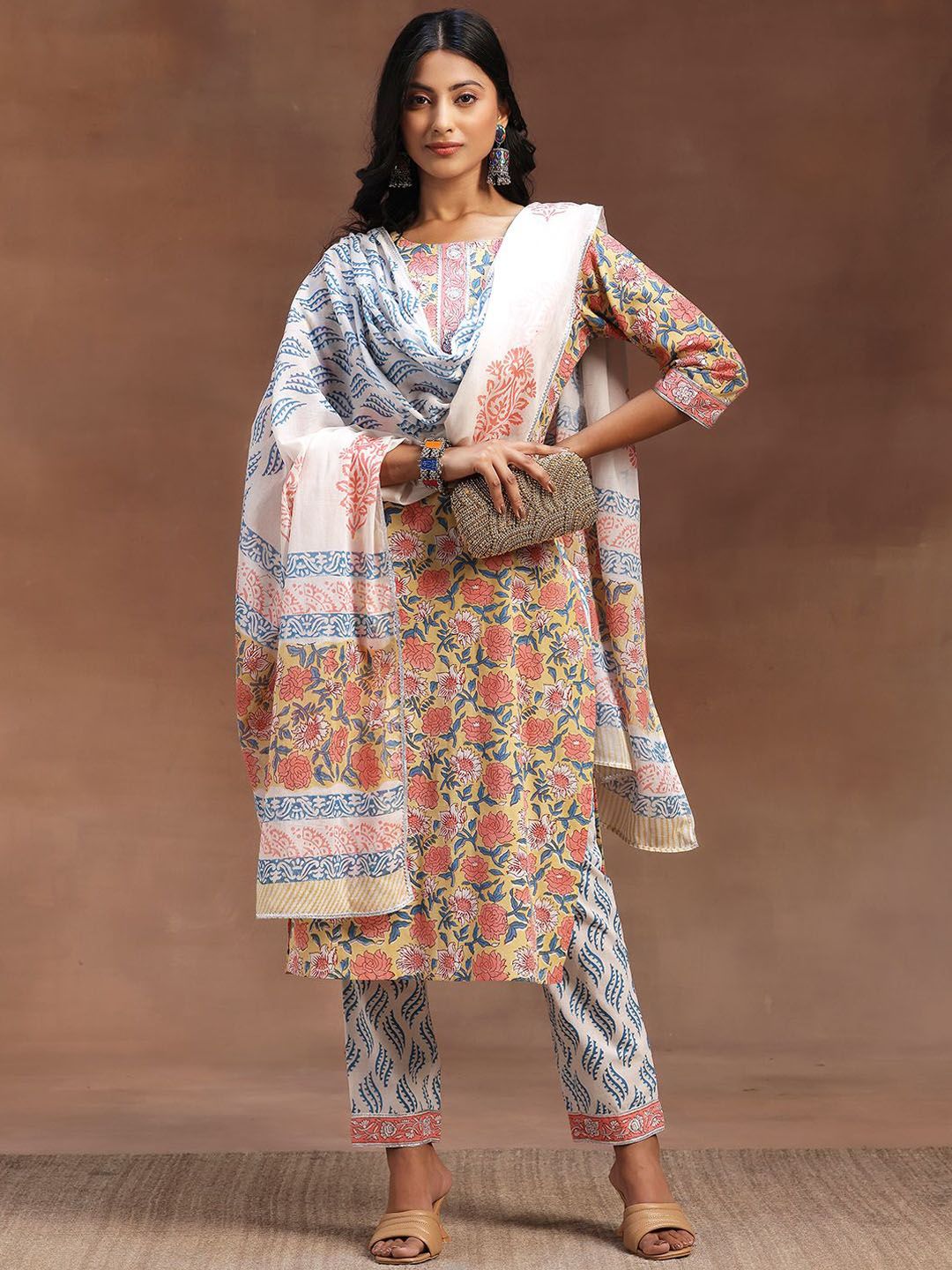 Libas Printed Regular Gotta Patti Pure Cotton Straight Kurta with Trousers & Dupatta