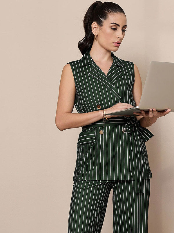 SASSAFRAS worklyf Vertical Striped Sleeveless Double Breasted Front Tie Up Blazer