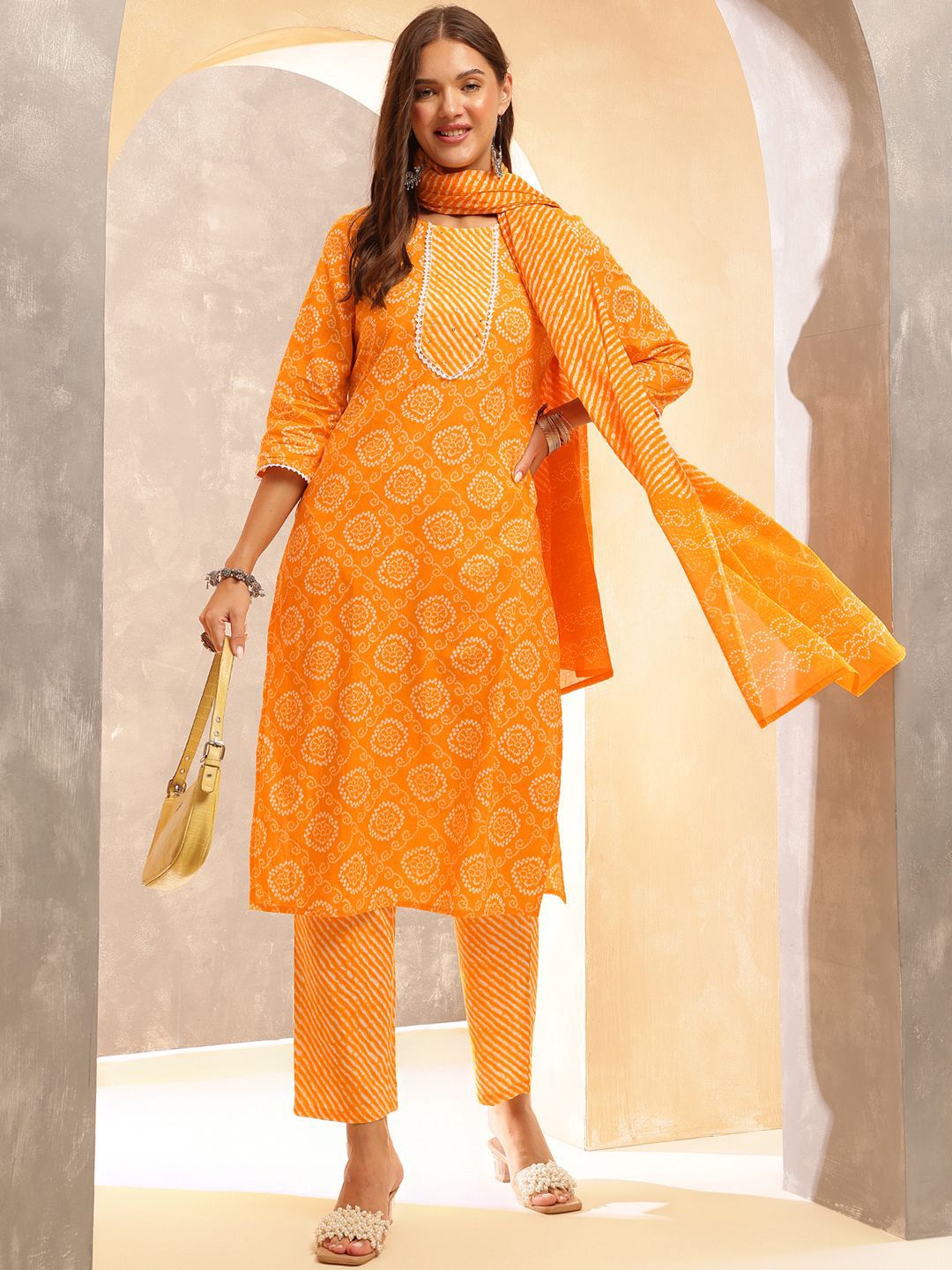 Anouk Women Ethnic Motifs Printed Regular Sequinned Pure Cotton Kurta with Trousers & With Dupatta