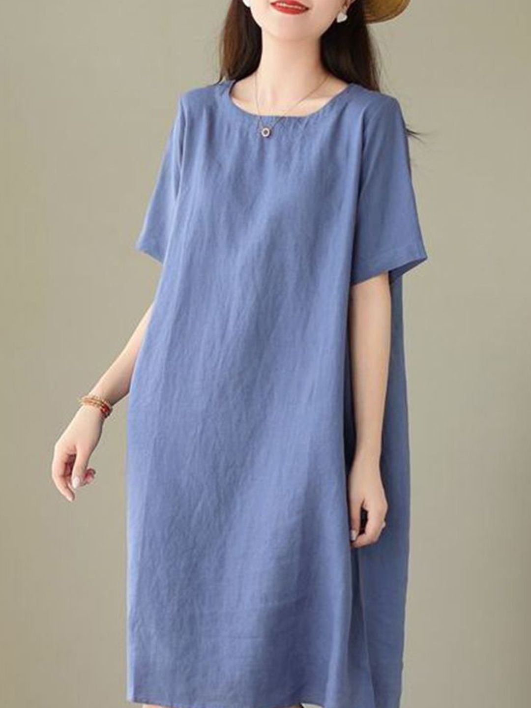 DressBerry Women Solid Round Neck A-Line Midi Dress