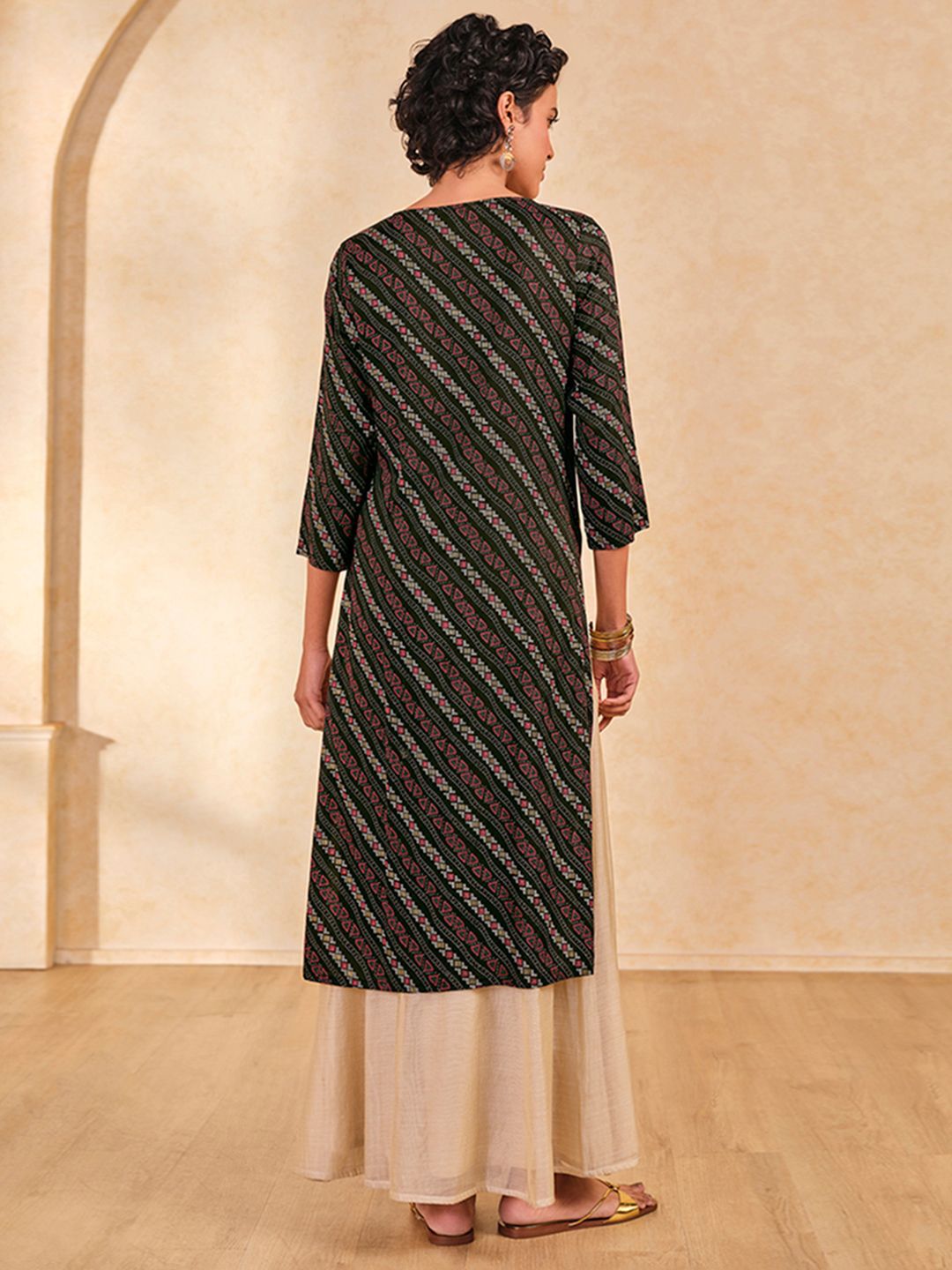 Global Desi Bandhani Printed Mirror Work Straight Kurta