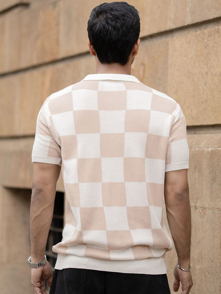 Powerlook Checked Jacquard Contrast Polo Collar Pure Cotton T-shirt