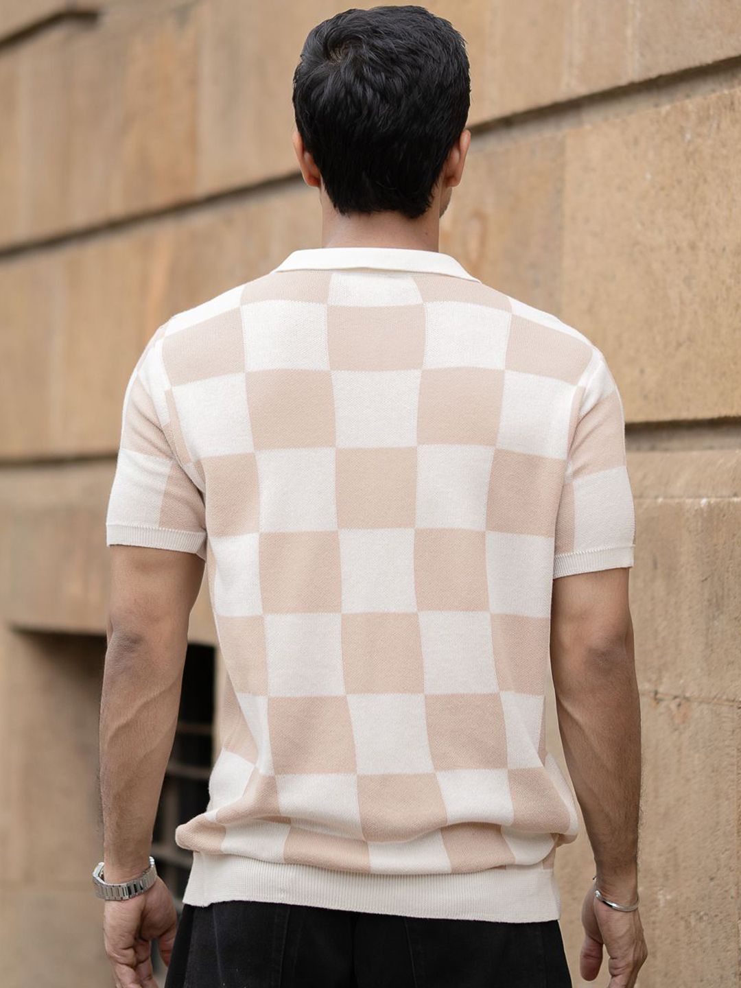 Powerlook Checked Jacquard Contrast Polo Collar Pure Cotton T-shirt