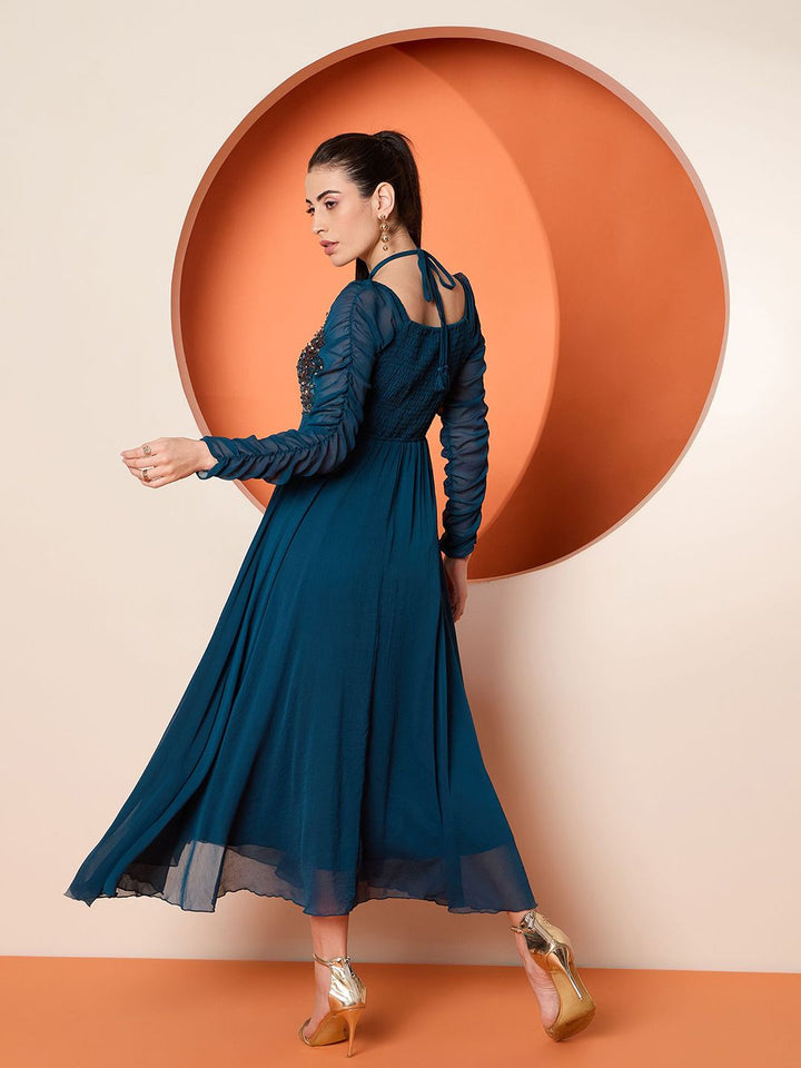 Antheaa Women Halter Neck Sequined Embellished Maxi Dress