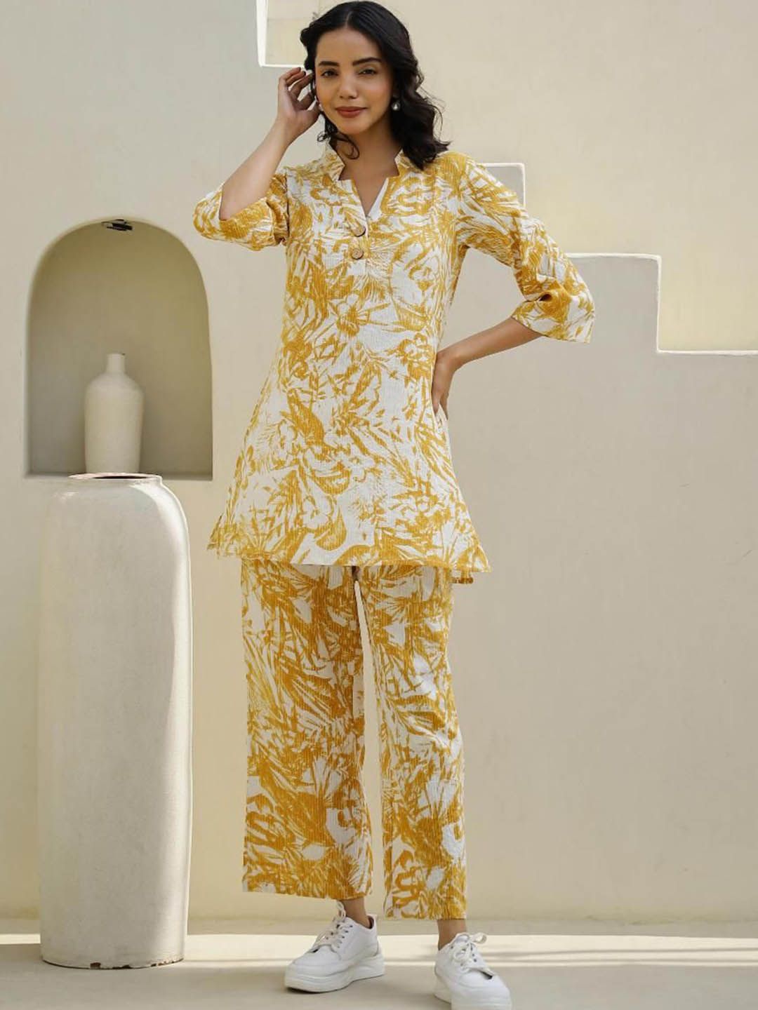 Mamicha Women Printed Shirt Collar Cotton Tunik and Trousers Co-Ords