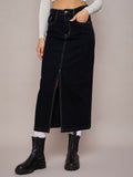 SASSAFRAS BASICS Women Denim Front-Slit A-Line Midi Skirt