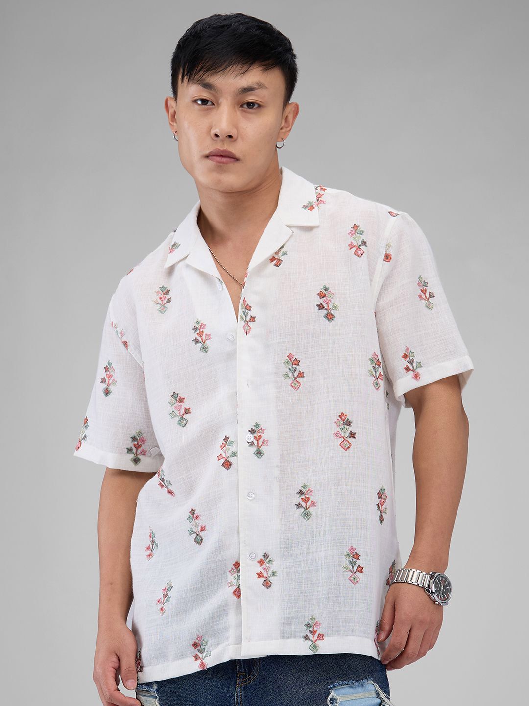 VASTRADO Men White Embroidered Notch Collar Oversized Pure Cotton Shirt
