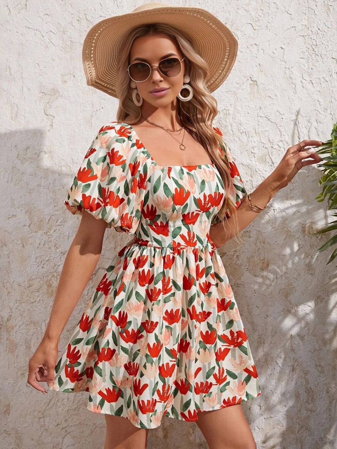 Berrylush Floral Print Puff Sleeve Square Neck Fit & Flare Mini Dress