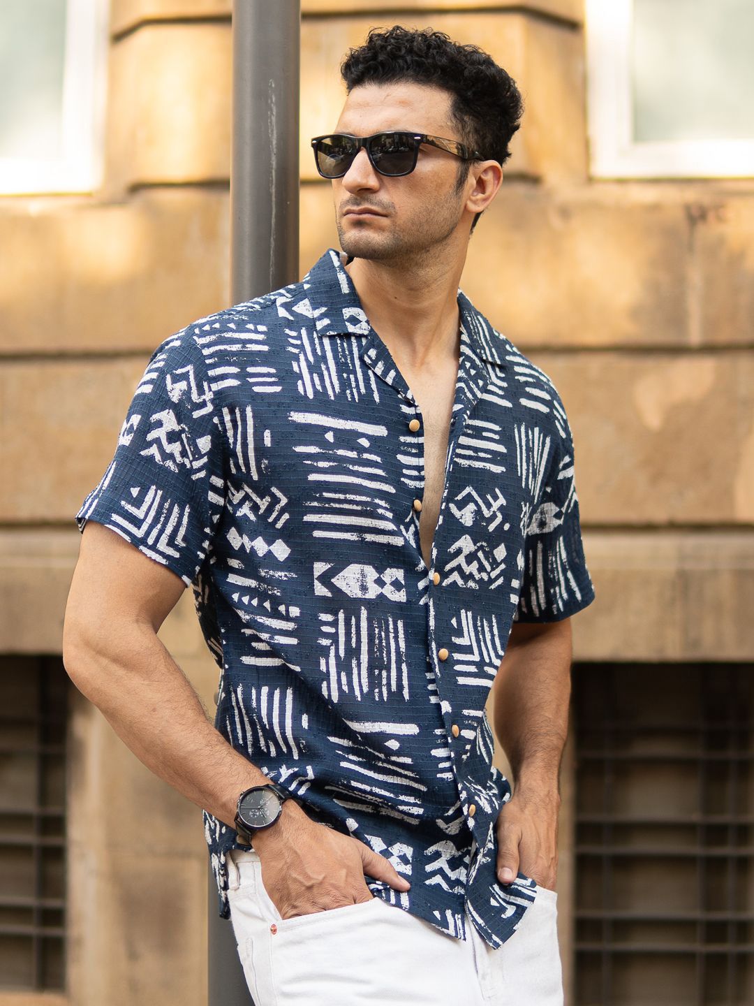 Powerlook Abstract Aztec Printed Cuban Collar Cotton Shirt