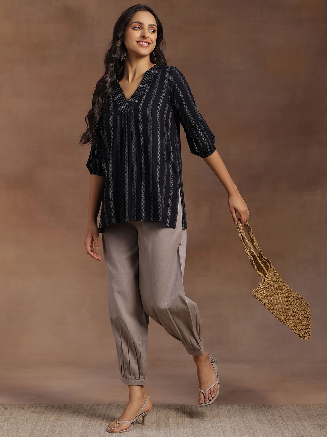 Libas Ethnic Motifs Woven Design V-Neck Pleated Kurti