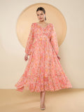 Antheaa Floral Print Bell Sleeve Chiffon Fit & Flare Midi Dress