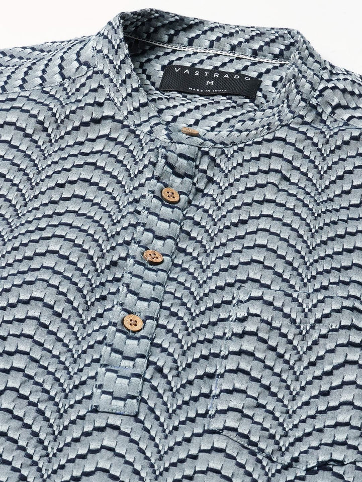 VASTRADO Abstract Woven Design Mandarin Collar Cotton Jacquard A-Line Short Kurta