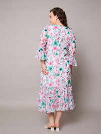 SASSAFRAS Curve Floral Print Flared Sleeve Georgette Midi Dress