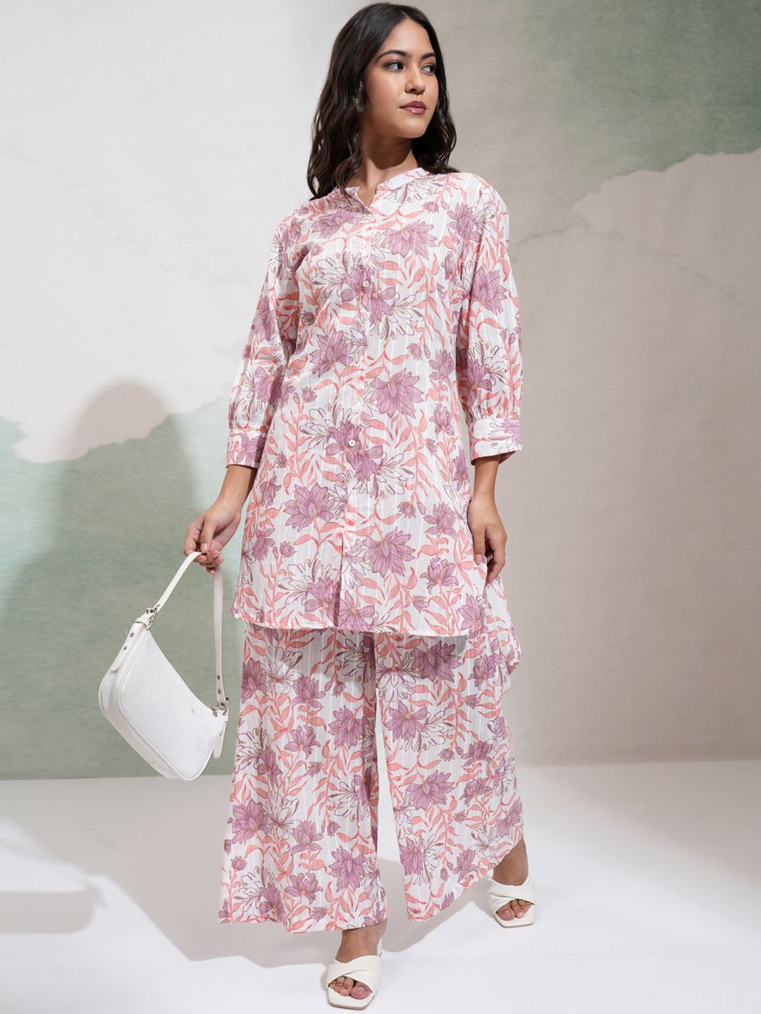 Vishudh Floral Printed Mandarin Collar Tunic With Palazzos
