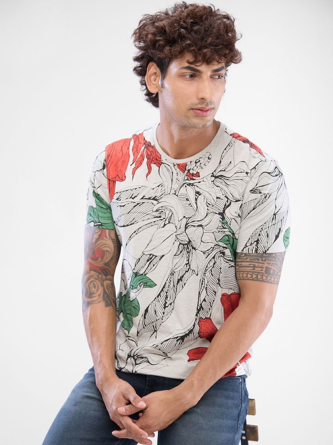 SPYKAR Men Floral Printed Round Neck Cotton T-shirt