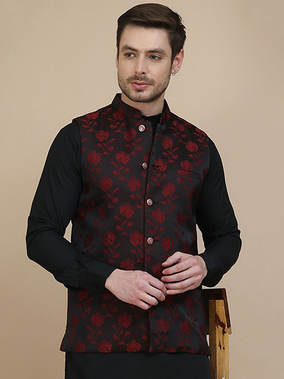 Jompers Embossed Woven Design Nehru Jacket