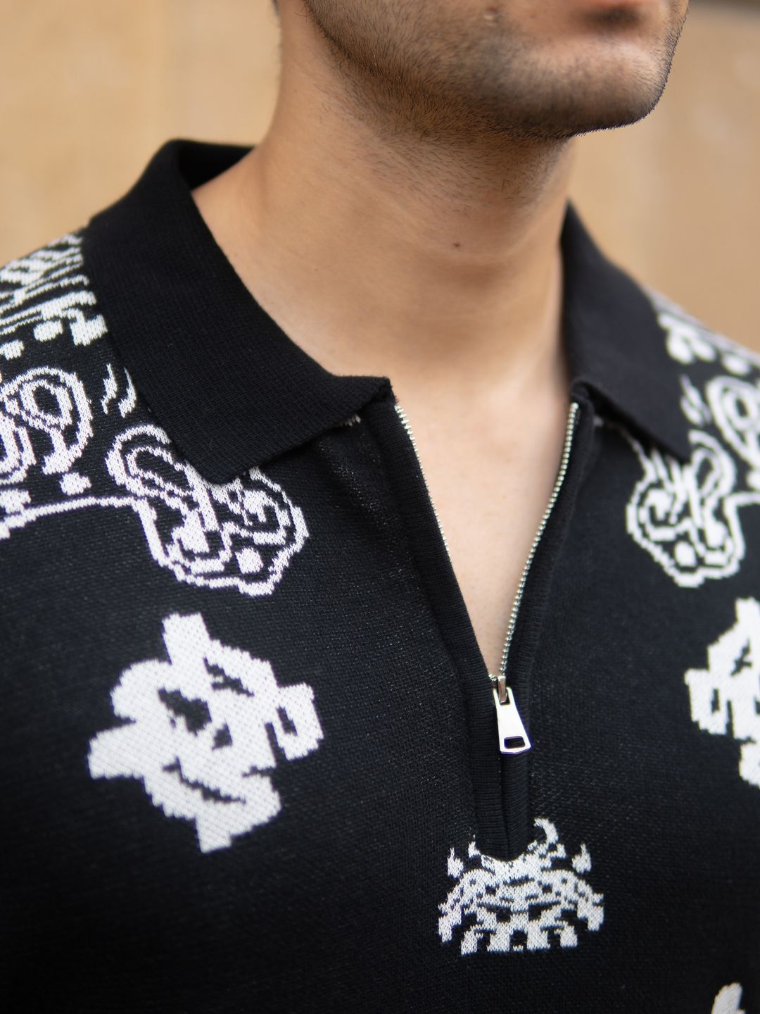 Powerlook SS25 Paisley Printed Bandana Knitted Polo Collar Pure Cotton T-Shirt