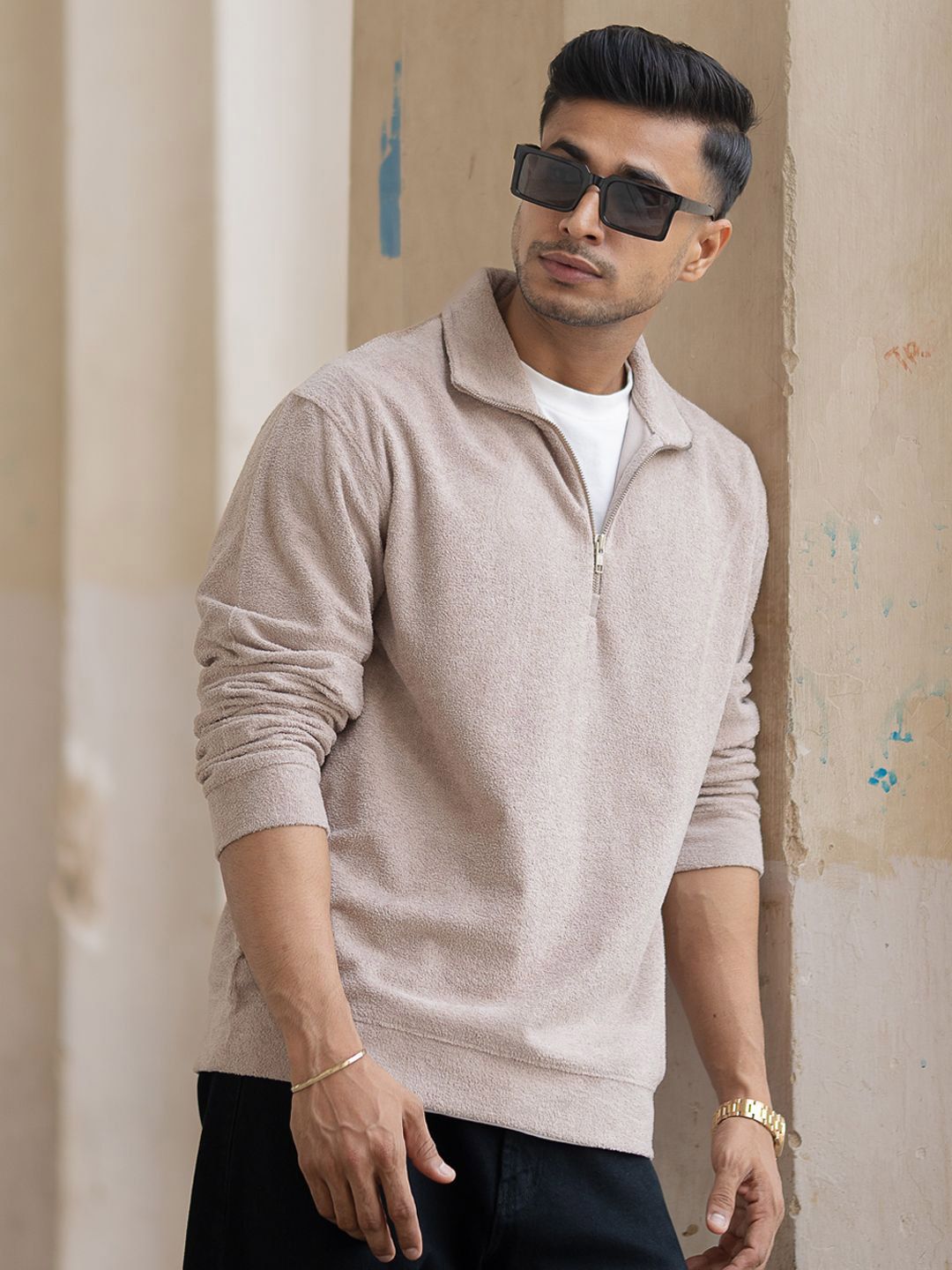 Powerlook Regular Fit Solid Mock Collar Pullover Sweatshirt