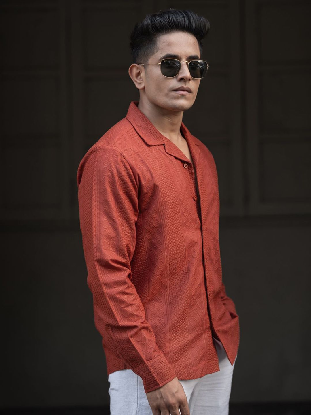 Powerlook Men Cuban Collar Self Design Casual Shirt