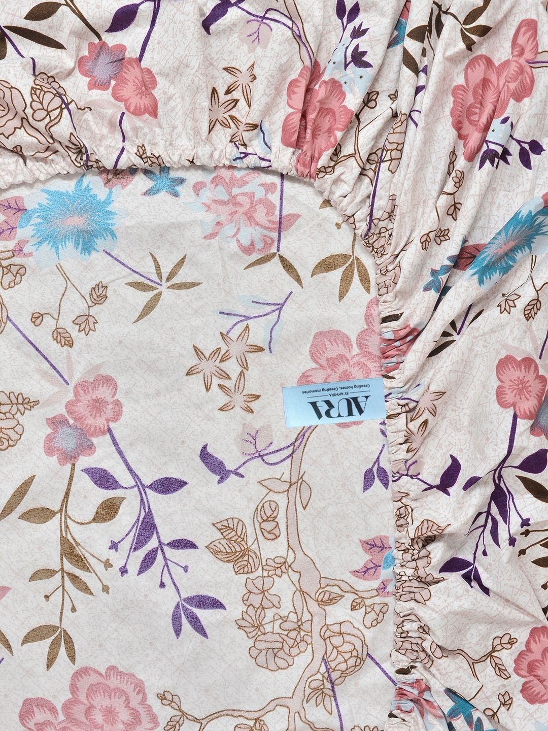 Aura White & Pink Floral 300 TC Fitted Double King Bedsheet Set-2.50 m x 2.25 m