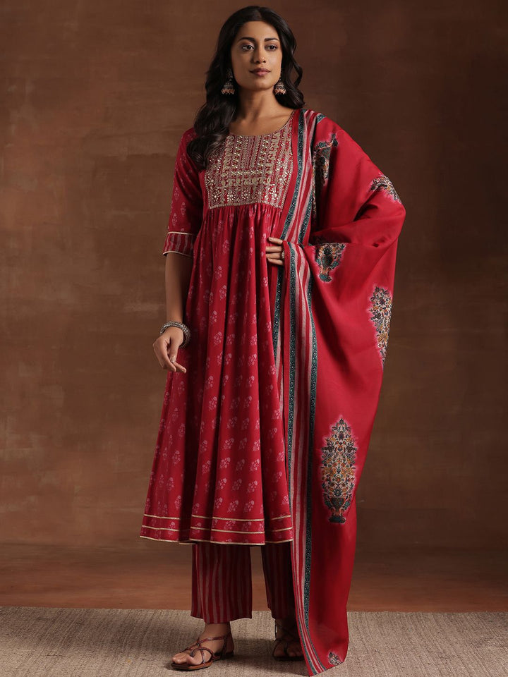 Libas Floral Printed Pleated Anarkali Kurta with Trousers & Dupatta