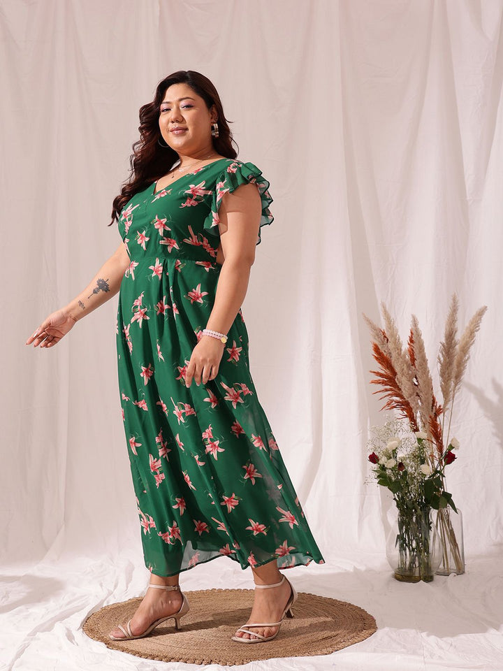 CURVY STREET Plus Size Floral Printed Flutter Sleeve Fit & Flare Maxi Dress