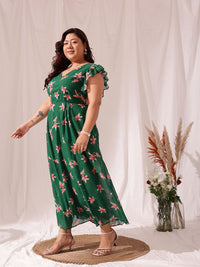 CURVY STREET Plus Size Floral Printed Flutter Sleeve Fit & Flare Maxi Dress