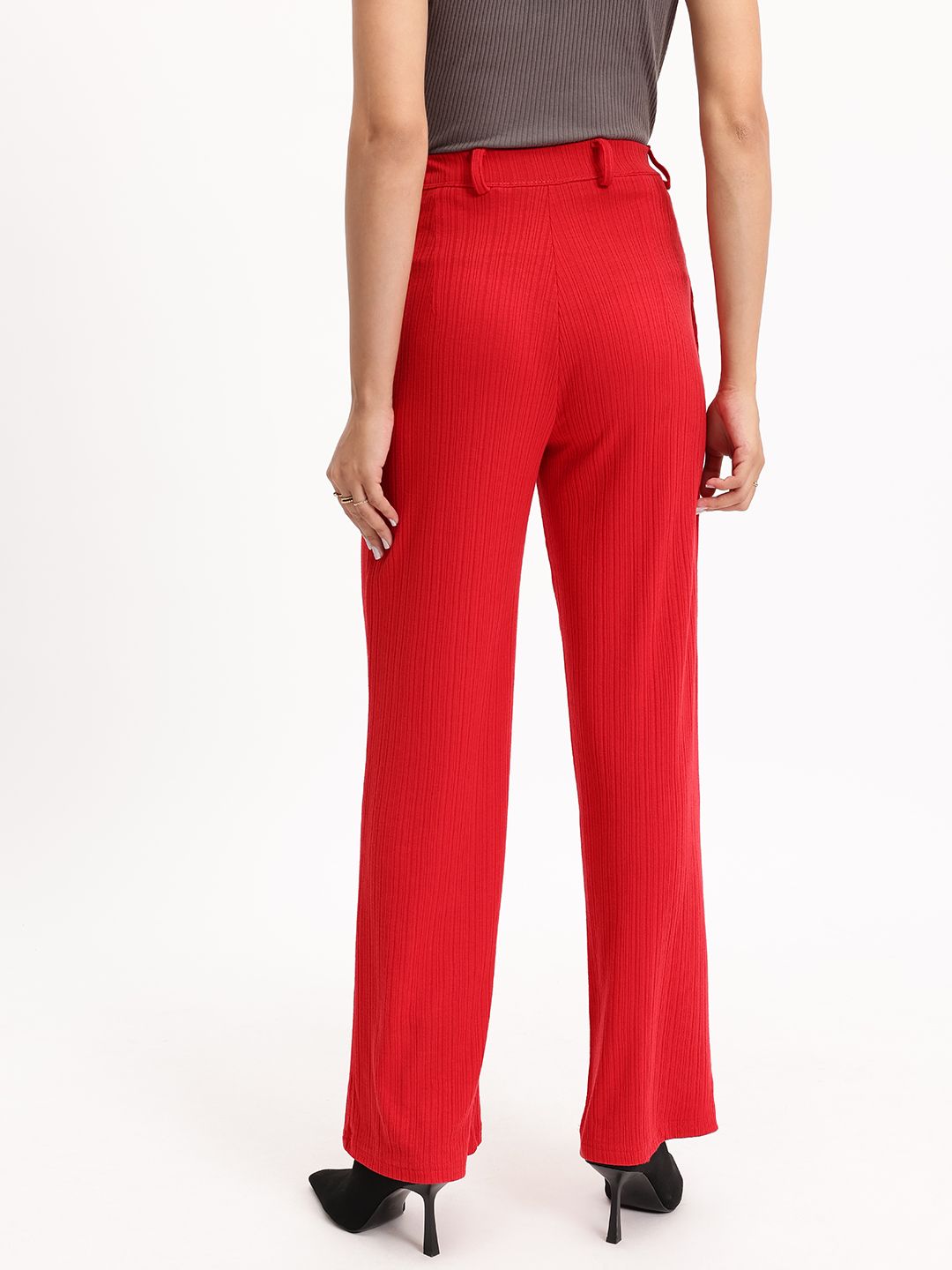 DressBerry Women Cherry Bomb Textured Treat Ribbed Flare Leg Trousers