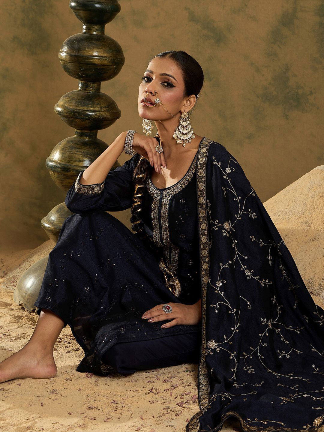 Indo Era Floral Embroidered Straightf Kurta with Trousers & Dupatta