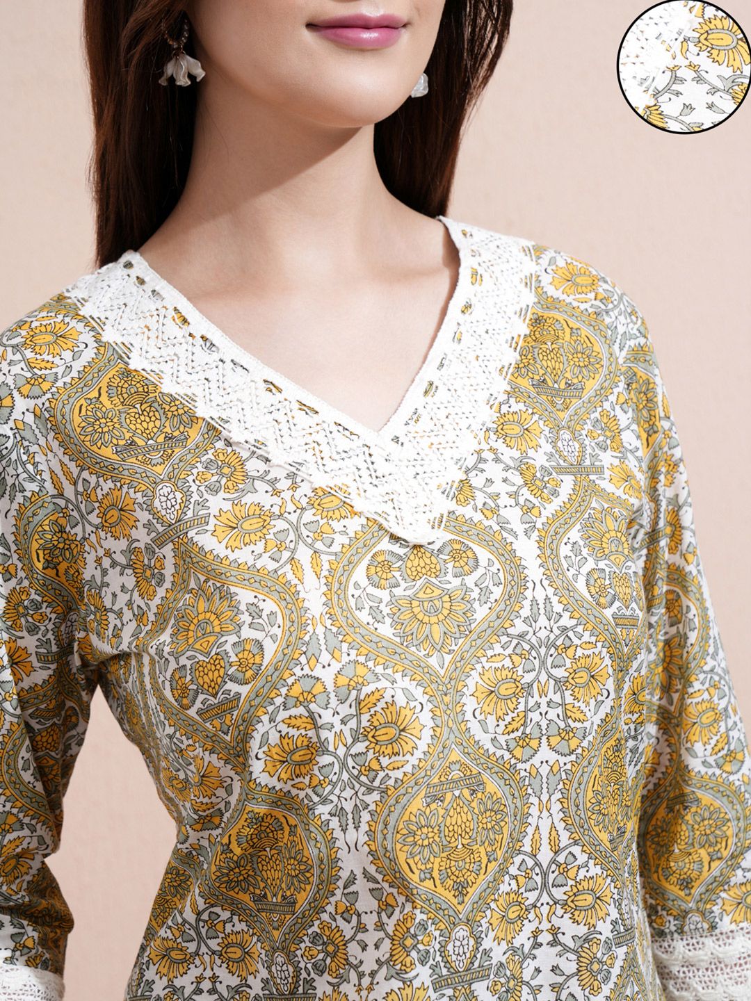 Vishudh Cream Printed V-Neck Three-Quarter Sleeves Pure Cotton Top With Trouser